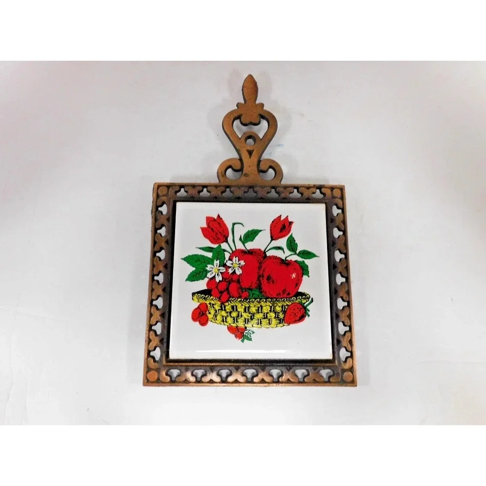 Vintage 1970's Cast Iron & Ceramic Tile Trivet Assorted Vegetables JC484